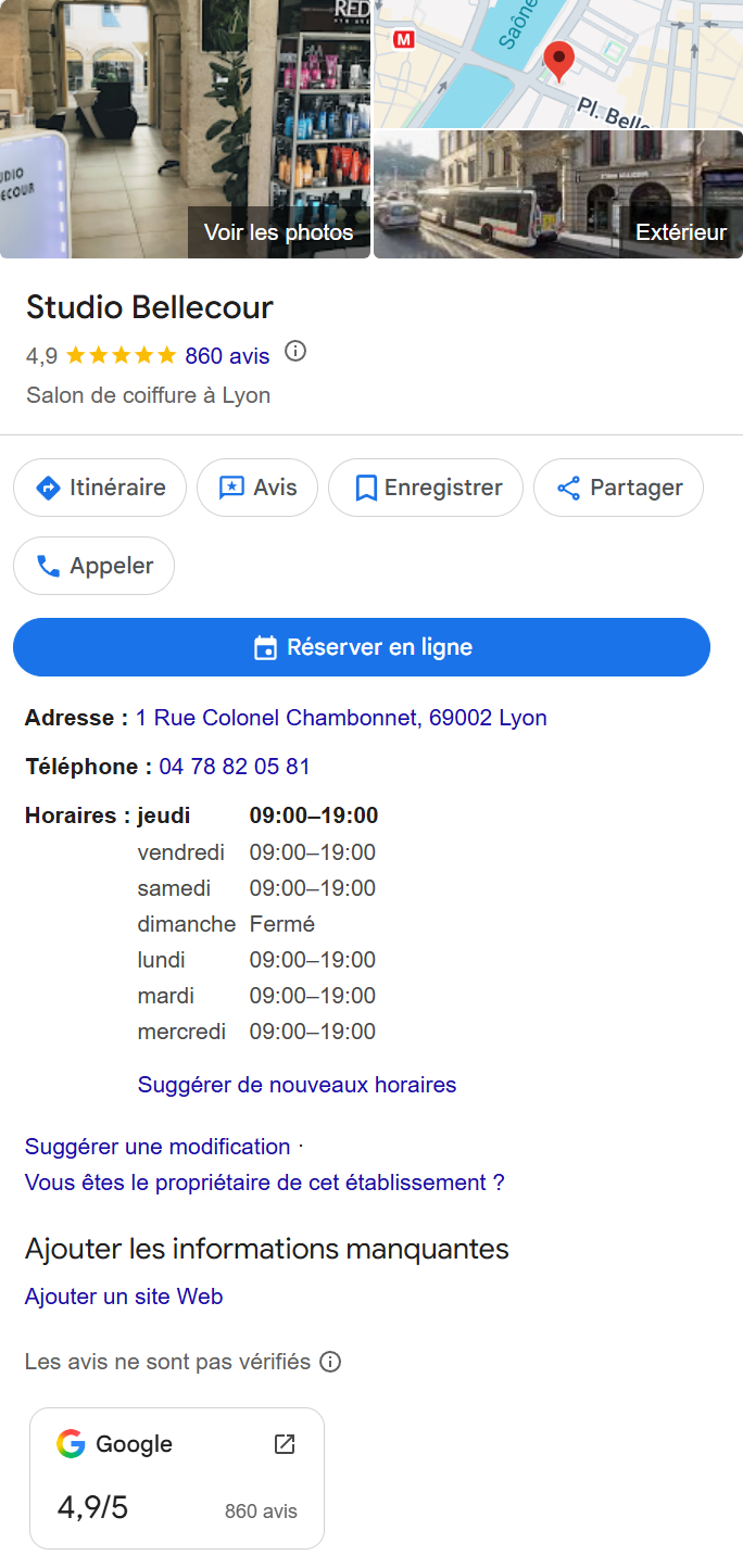 Fiche Google — Studio Bellecour (coiffure)